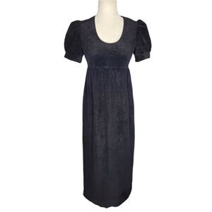 VINTAGE 70s dress puff sleeve black velvet‎ empire waist babydoll maxi XS
